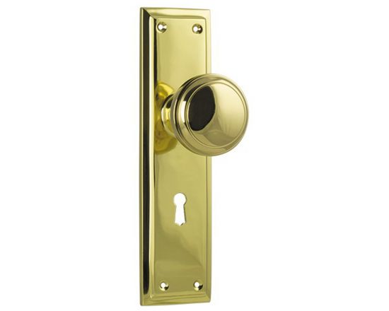 Milton knob on lever lock plate set - Polished Brass
