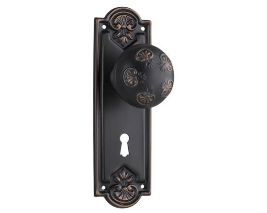 Nouveau knob on lever lock plate set - Antique copper