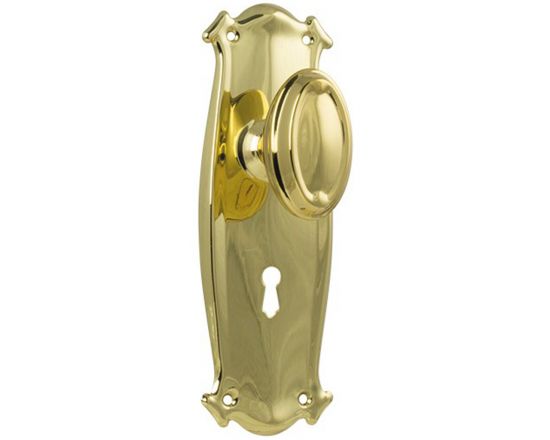 Bungalow knob on lever lock plate set - Polished Brass