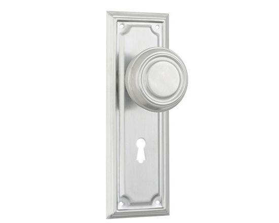 Edwardian knob on lever lock plate set - Satin chrome