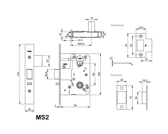 Dormakaba MS2602 Multi function primary lock dimensions
