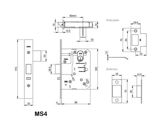 Dormakaba MS2600 Night latch primary lock dimensions