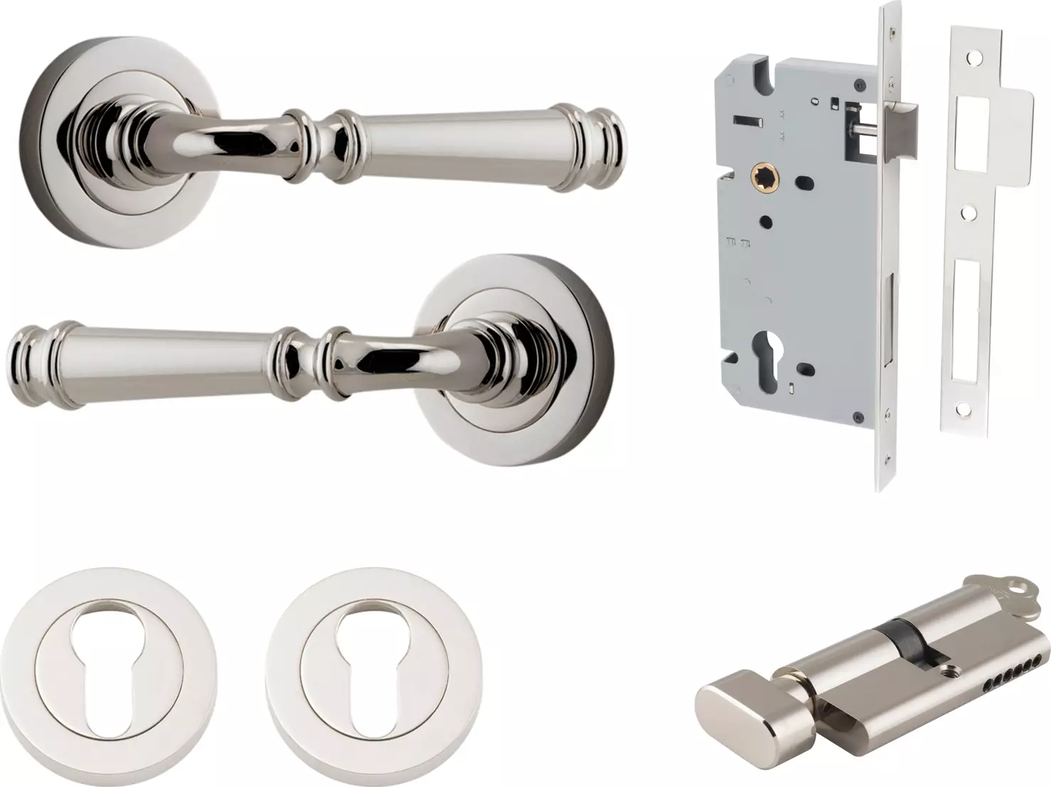 Verona Lever - Round Rose Entrance Set - Key / Turn - PN