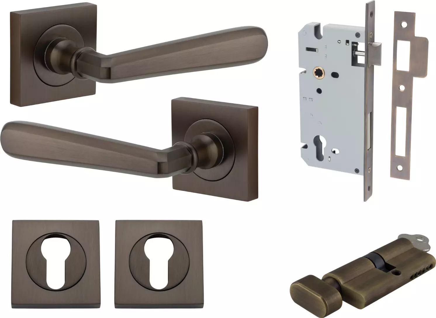 Copenhagen Lever - Square Rose Entrance Set - Key / Turn - SB