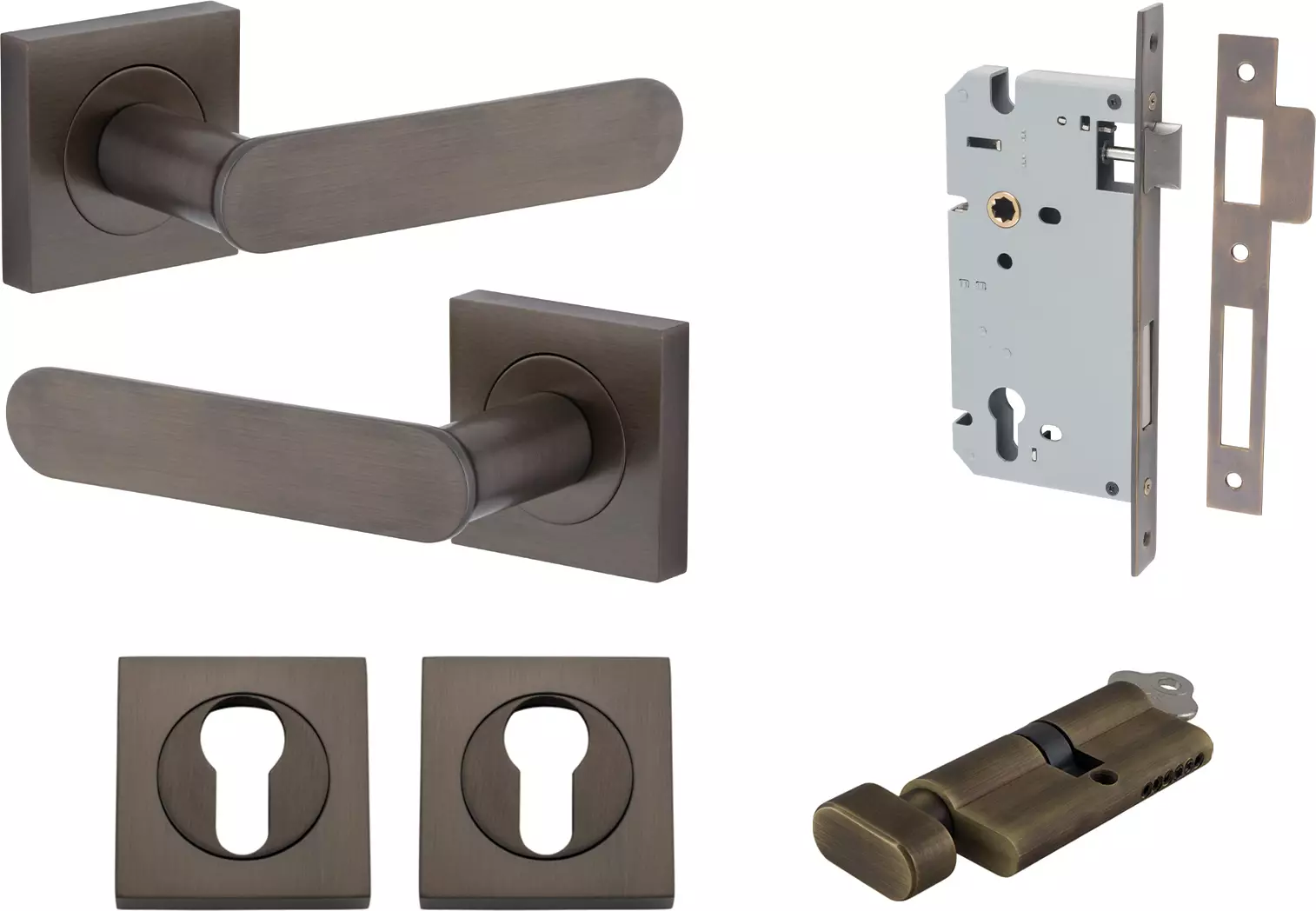 Bronte Lever - Square Rose Entrance Set - Key / Turn - SB