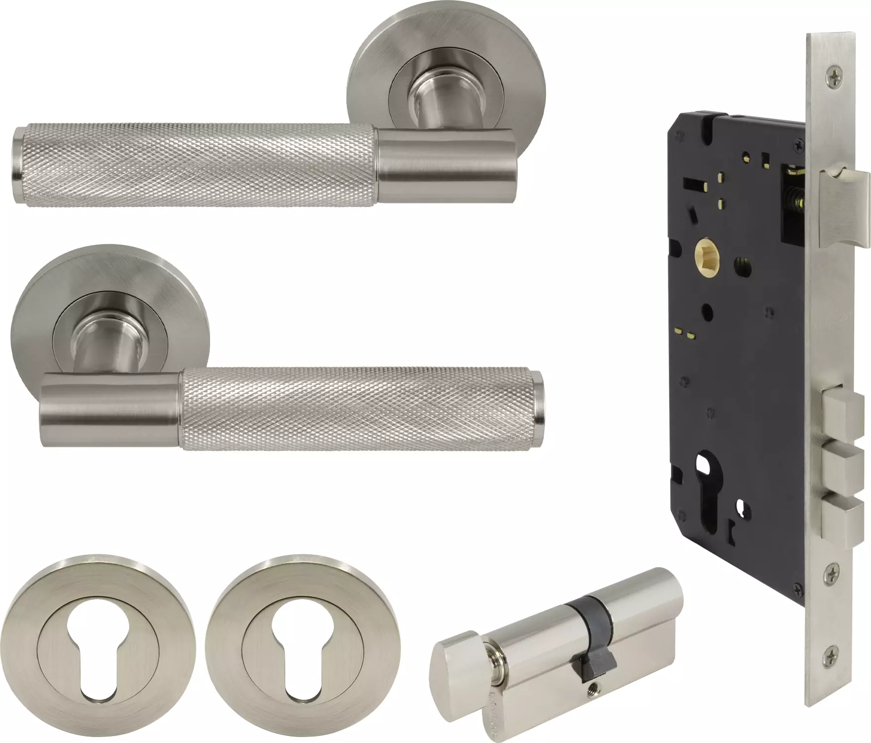 Verge Round Rose Entrance Set - K/T - Diamond Knurl - BN